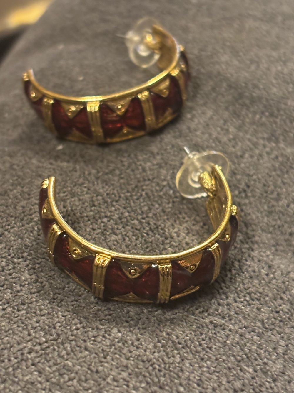 Gold-Tone Hoop Earrings with Deep Red Enamel Accents